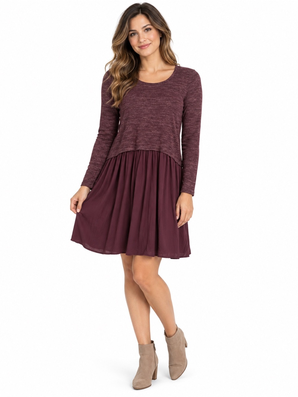 Long Sleeve Burgundy Swing Dress - 1089